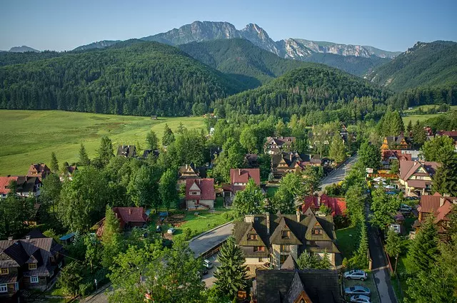 zdjęcie domów w Zakopanem w oddali góry