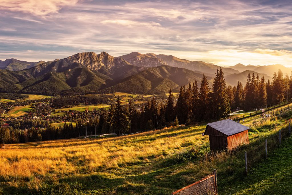 widok łąki z jednym domkiem, w tle przepiękne góry w Zakopanem